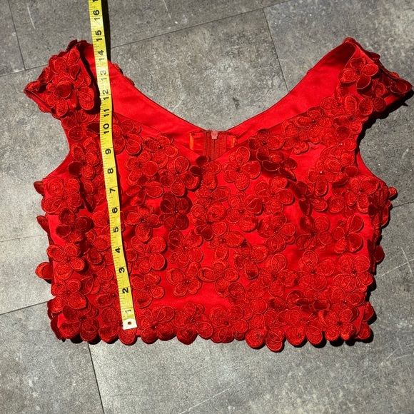 Custom two piece formal gown. Flower appliqué crop top with hi-lo skirt. - Picture 3 of 12
